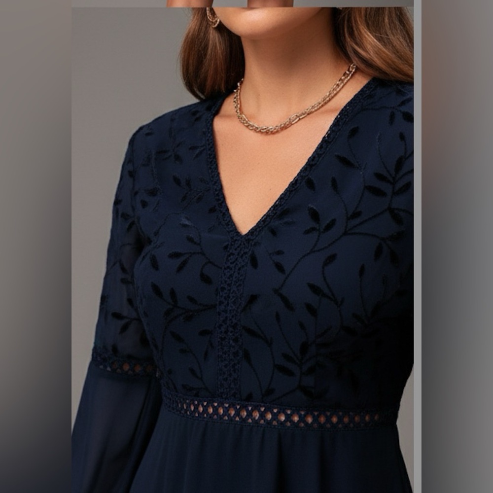Guipure Lace Insert Lantern Sleeve Chiffon Dress Blue - Picture 2 of 12